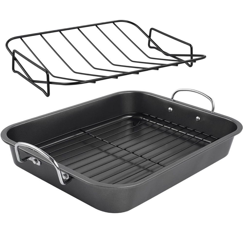 Nonstick Black Roasting Pan with Rack - 16 Inch Rectangular Dishwasher Safe